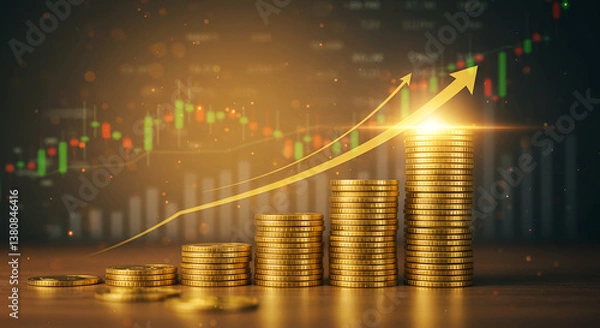Fototapeta Stacks of gold coins increasing in height with a glowing upward arrow and financial chart in the background, symbolizing economic growth, investment success, and wealth accumulation.