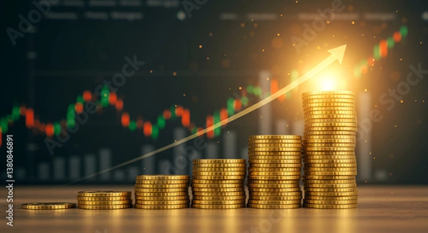 Obraz Stacks of gold coins with an upward trend graph, symbolizing financial growth, investment success, and stock market profits.