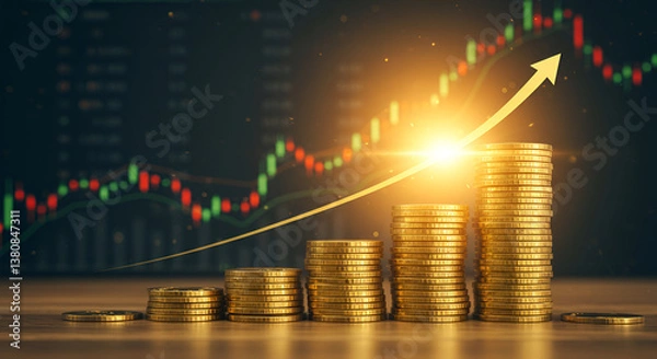 Obraz Stacks of gold coins with an upward trend graph, symbolizing financial growth, investment success, and stock market profits.