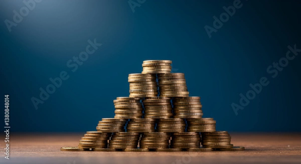 Obraz Stacked pyramid of gold coins symbolizing financial stability, wealth accumulation, and economic growth.