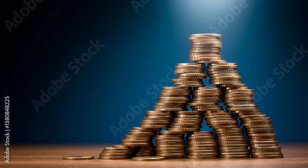 Obraz Stacked pyramid of gold coins symbolizing financial stability, wealth accumulation, and economic growth.