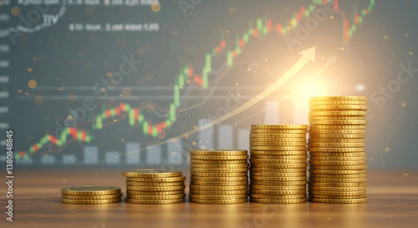 Obraz Stacks of gold coins with an upward trend graph, symbolizing financial growth, investment success, and stock market profits.