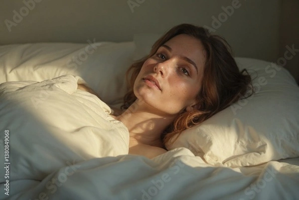 Fototapeta Tranquil Start to the Day: Young Woman Enjoying a Calm and Peaceful Morning in Bed Bathed in Soft Sunlight, Ideal for Concepts of Relaxation and Healthy Living