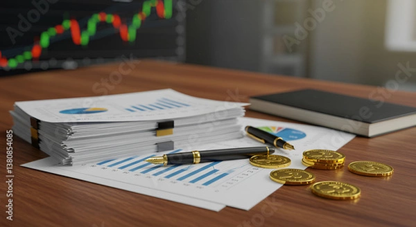Obraz Financial documents with bar charts, gold coins, and a luxury pen on a desk, symbolizing wealth, investment success, and market analysis for strategic business growth.