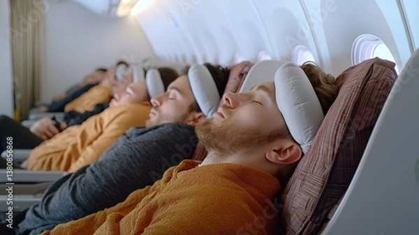 Fototapeta Passengers Soundly Asleep on Airplane with Eye Masks Reclined in Seats Creating a Calm and Serene Mood in a Wide-Angle Perspective Capture