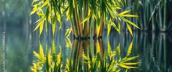 Fototapeta Serene bamboo leaves mirrored in calm, glassy water, japanese, water