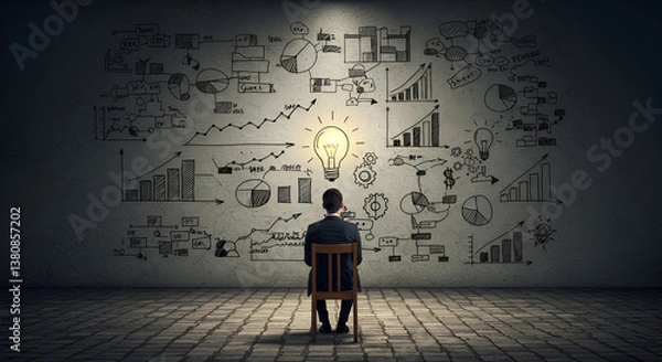 Obraz Businessman in a dark room looking at an illuminated light bulb surrounded by hand-drawn strategy diagrams, symbolizing creativity, innovation, and business success.