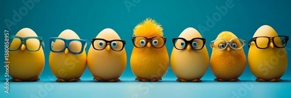 Fototapeta Quirky Easter eggs wearing stylish glasses lined up against a vibrant teal background, showcasing unique personalities through different eyewear and playful expressions.