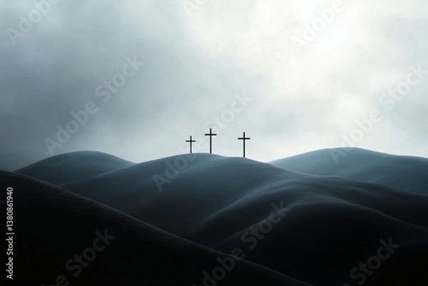 Obraz Silhouette of three crosses atop rolling hills under a cloudy sky evoking solemnity and quiet reflection.