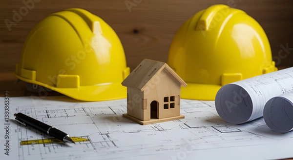 Obraz Architectural planning concept with house model, blueprints, and construction tools. Perfect for real estate, home design, and building industry visuals.