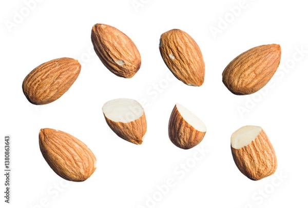 Fototapeta Set of shelled almonds isolated on transparent background. PNG Image.