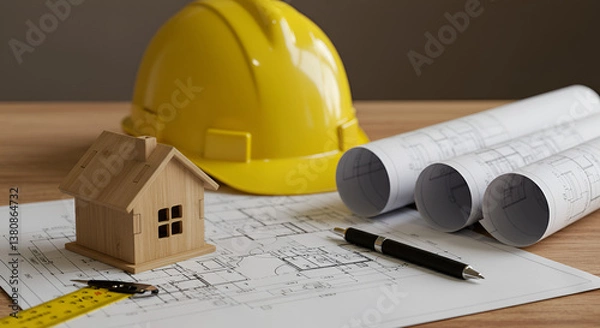 Obraz Architectural planning concept with house model, blueprints, and construction tools. Perfect for real estate, home design, and building industry visuals.