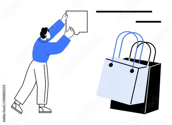 Fototapeta Person placing item in large shopping bag. Ideal for e-commerce, online shopping, retail, consumerism, convenience, purchasing process, modern business, and abstract line flat metaphor
