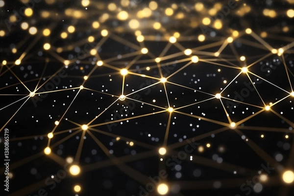 Obraz Gold and Silver Abstract Network Pattern on Black Background .Digital Connection.