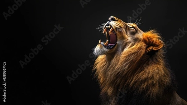 Fototapeta Majestic lion roaring against dark backdrop.  Powerful predator in profile view, showcasing mane and open mouth.  Captured in dramatic lighting