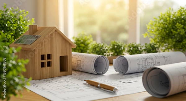 Obraz Eco-friendly architecture concept. Wooden house model with green roof on blueprints, surrounded by plants. Ideal for sustainable construction, green building, and renewable energy visuals.