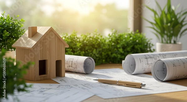 Obraz Eco-friendly architecture concept. Wooden house model with green roof on blueprints, surrounded by plants. Ideal for sustainable construction, green building, and renewable energy visuals.