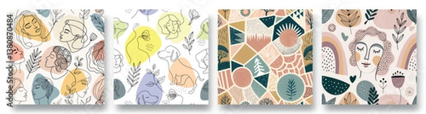 Fototapeta Exploration of artistic patterns featuring nature, animals, and diverse faces in a vibrant color palette