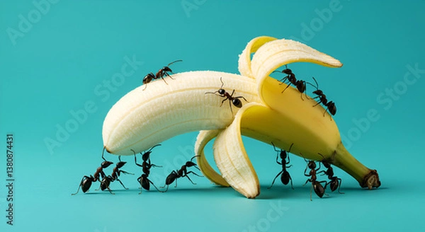 Obraz Close-up of black ants swarming a peeled banana on a vibrant turquoise background. Concept of teamwork, food scavenging, and insect behavior in nature.