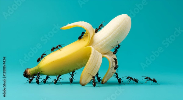 Obraz Close-up of black ants swarming a peeled banana on a vibrant turquoise background. Concept of teamwork, food scavenging, and insect behavior in nature.