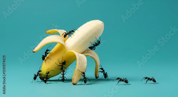 Obraz Close-up of black ants swarming a peeled banana on a vibrant turquoise background. Concept of teamwork, food scavenging, and insect behavior in nature.