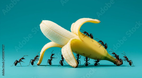 Obraz Close-up of black ants swarming a peeled banana on a vibrant turquoise background. Concept of teamwork, food scavenging, and insect behavior in nature.