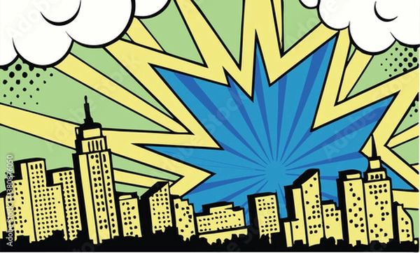Fototapeta Comic Book Cityscape Explosion, Skyscrapers, Pop Art Style