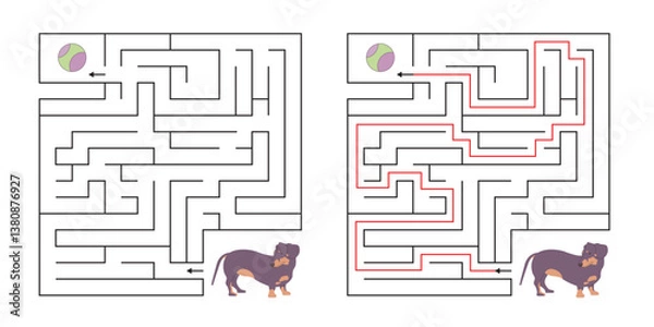 Obraz Square maze for kids with cartoon Dog. Educational maze with cute cartoon dog looking for a ball. Puzzle Game with answer. Learning Labyrinth conundrum. Education worksheet. Activity page. Logic Games