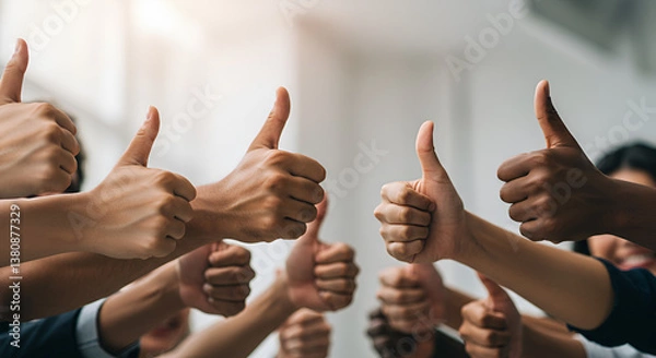Obraz Group of diverse hands showing thumbs up, symbolizing success, approval, teamwork, positive feedback, and collaboration in a corporate or social setting.
