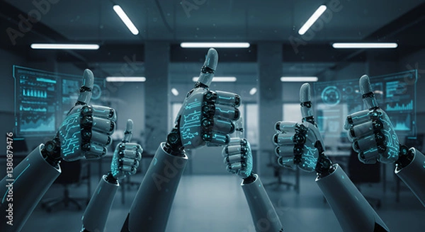 Obraz Group of robotic hands giving thumbs up, symbolizing artificial intelligence, automation, futuristic teamwork, and successful technology in a modern corporate environment.