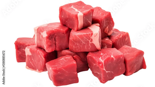Fototapeta A pile of raw beef cubes isolated against transparent background