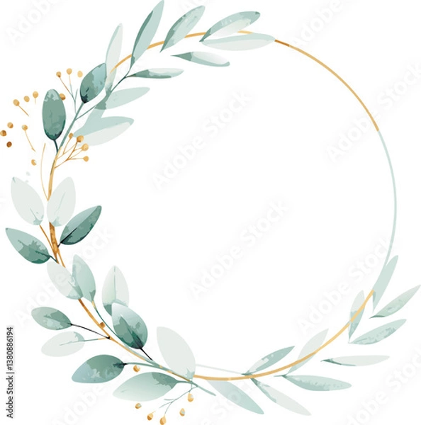 Fototapeta Elegant Gold Circle Wreath Watercolor Greenery Leaves Botanical Frame