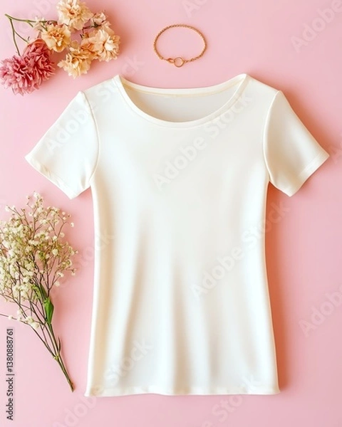 Fototapeta elegant stylist summer An elegant white t-shirt displayed with dried flowers and a hair accessory on a pastel pink background.