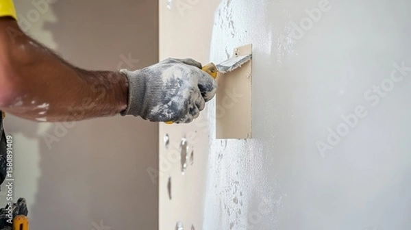 Obraz A construction worker sanding drywall at a construction site. Featuring focus and precision