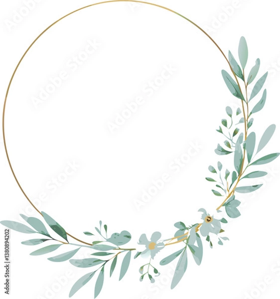 Fototapeta Elegant Gold Circular Frame with Delicate Greenery and Flowers