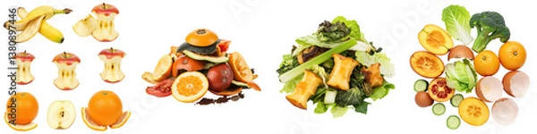 Obraz Four categories of food waste fruit, vegetable peels, green waste, and eggshells.