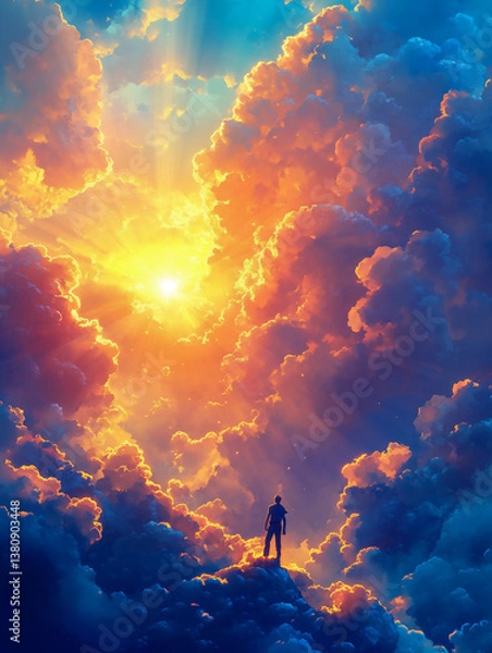 Fototapeta A person is standing on top of a cloud in a colorful sky