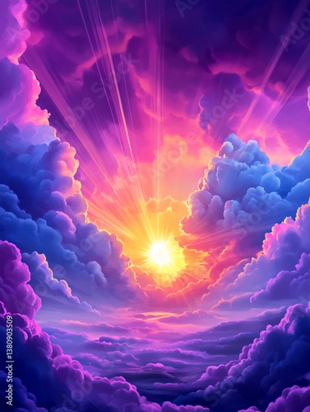 Fototapeta A colorful sky with a sun shining through the clouds
