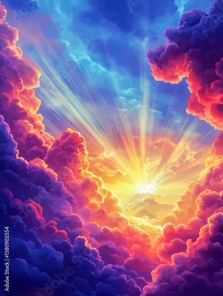 Fototapeta A colorful sky with a sun shining through the clouds