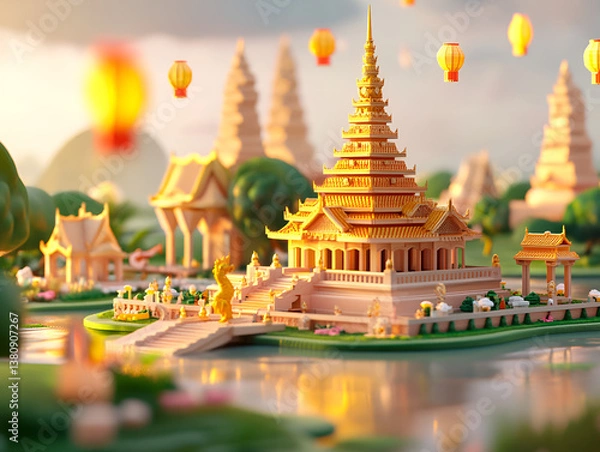 Fototapeta Floating Thai Temple with Lanterns in Khon Kaen