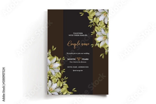 Fototapeta WEDDING INVITATION FRAME WITH FLOWER DECORATIONS AND FRESH LEAVES