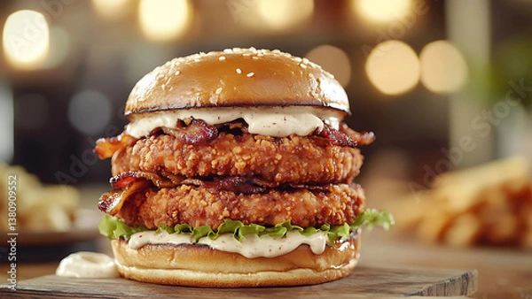 Fototapeta Double fried chicken burger with crispy bacon, lettuce, and sauce served on sesame bun with fries in background
