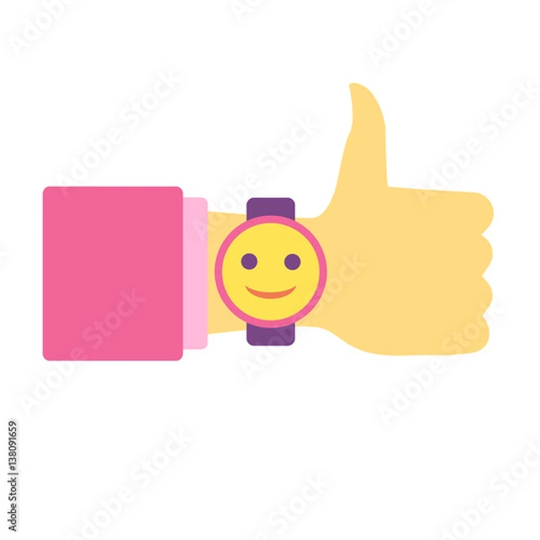 Obraz Time to have fun. Thumb Up. Hand with clock. Flat vector icon.