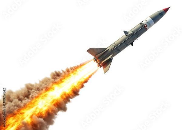 Fototapeta missile rocket with fireb trail isolated on white background, PNG