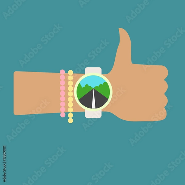 Obraz Time to hitchhiking. Thumb Up. Hand with clock. Flat vector logo icon.
