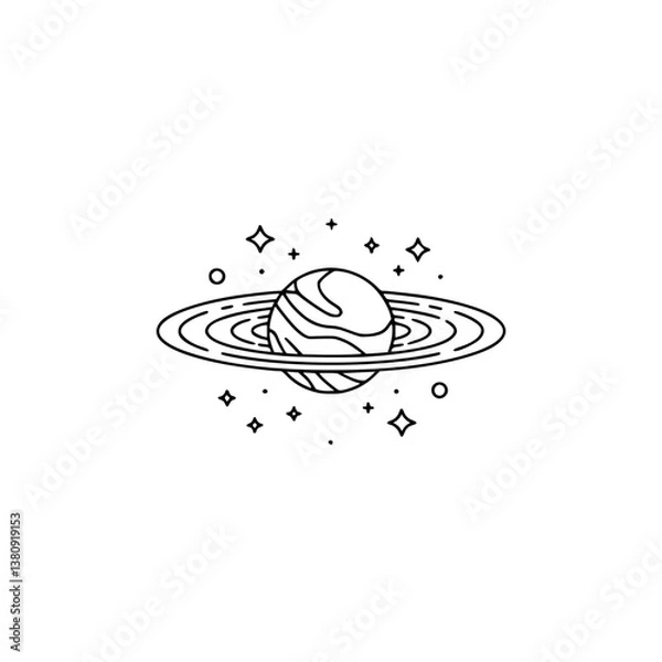 Fototapeta Minimalist Planet Saturn with Stars - Line Art Vector Illustration