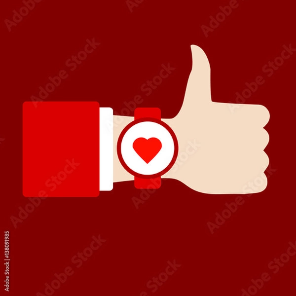 Fototapeta Time to love sing. Thumb Up. Hand with clock. Flat vector icon.