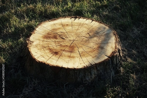 Fototapeta Close-Up View of Cut Tree Stump on Grass in Natural Light