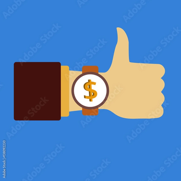 Obraz Time to make money sing. Business. Thumb Up. Hand with clock. Flat vector icon.