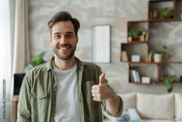 Obraz Portrait of a happy man in his 30s showing a thumb up isolated in crisp minimalistic living room